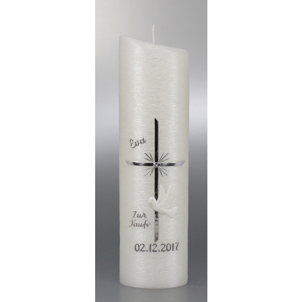 Taufkerze Modern silberfarbig, Junge Mädchen 24x6 cm