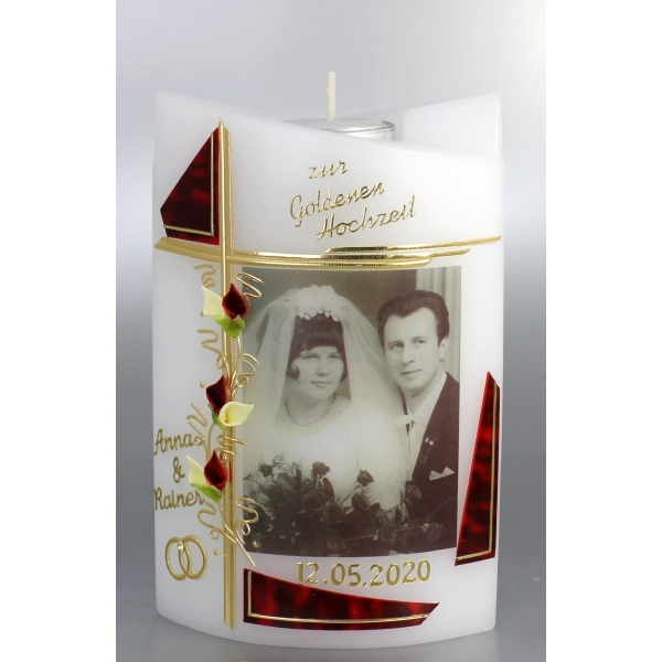 Fotokerze, Goldene Hochzeit mit Teelichteinsatz 19x13cm