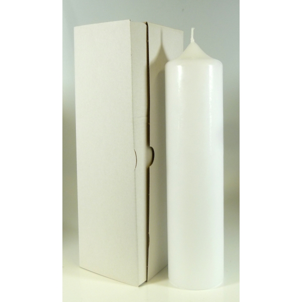 Stumpenkerze weiß, 25x6 cm mit Karton  4803